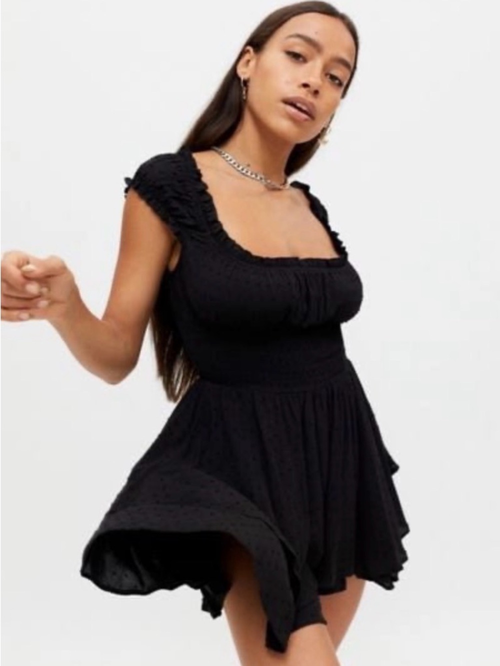 Urban Outfitters Black Smocked Square-Neck Mini Dress